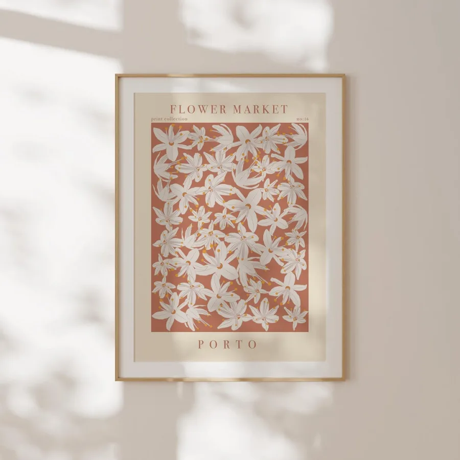 Porto Flower Market Print: White lily-like flowers on burnt orange, framed