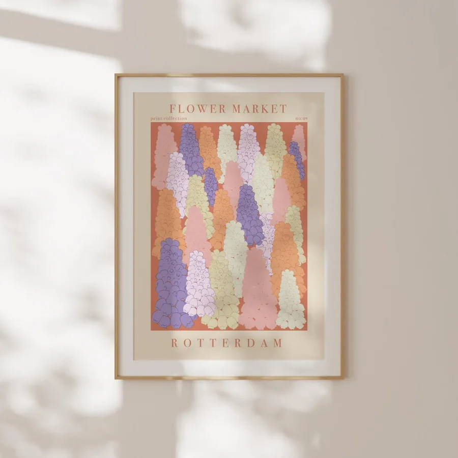 Rotterdam Flower Market Print: Hyacinth-like spires in lilac, peach and cream, framed