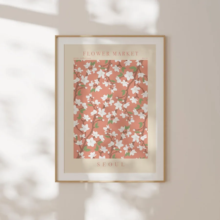Seoul Flower Market Print: White blossoms on a coral ground, framed