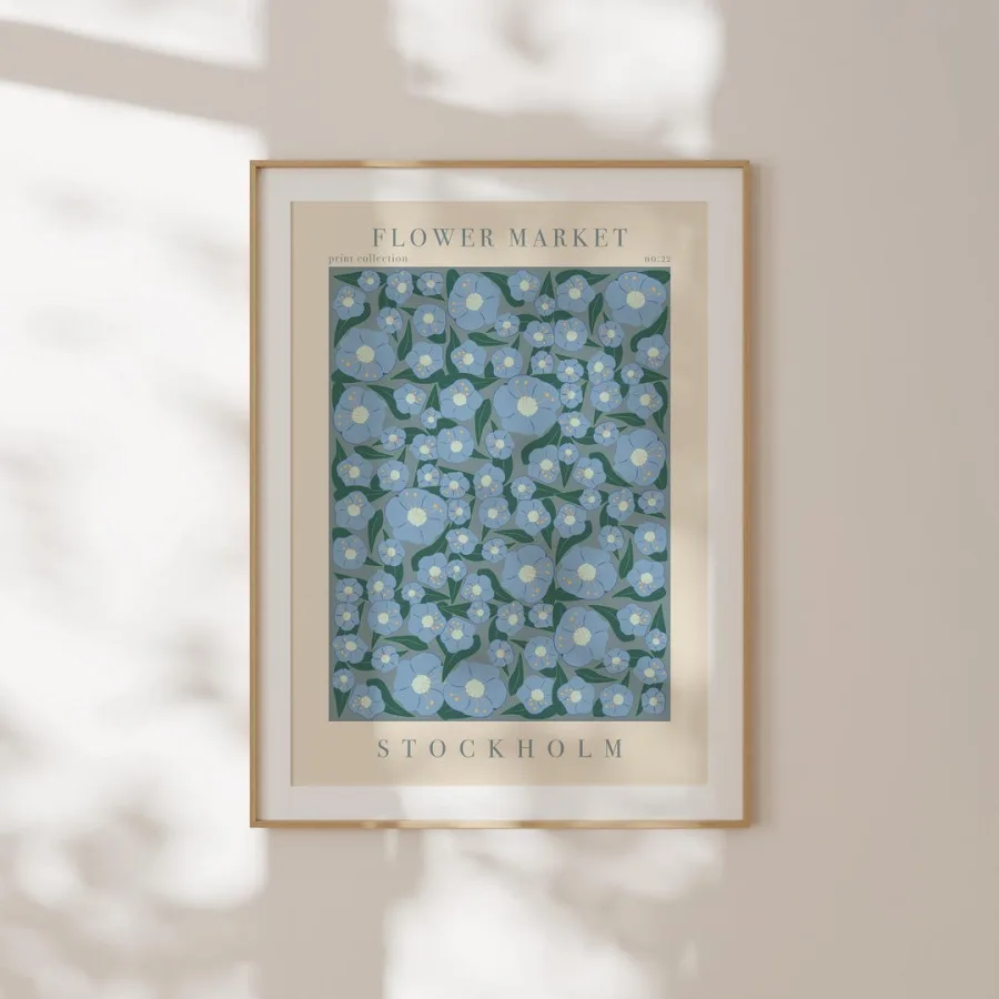Stockholm Flower Market Print: Large blue flowers on teal green, framed