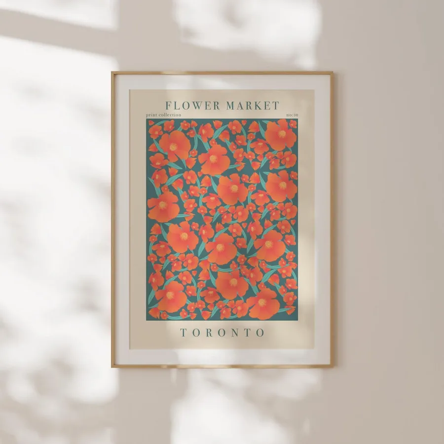 Toronto Flower Market Print: Red-orange poppy-like flowers on teal, framed