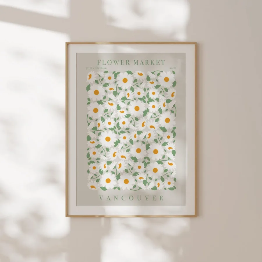 Vancouver Flower Market Print: White daisies with yellow centres on white, framed