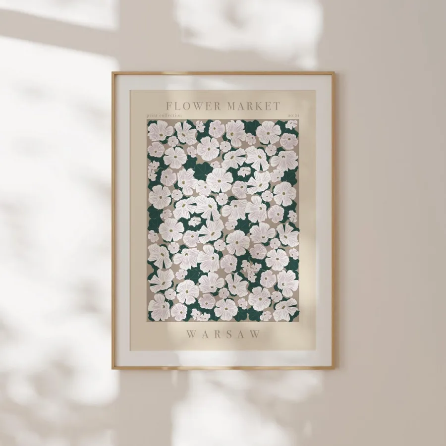 Warsaw Flower Market Print: White blossoms on dark forest green, framed