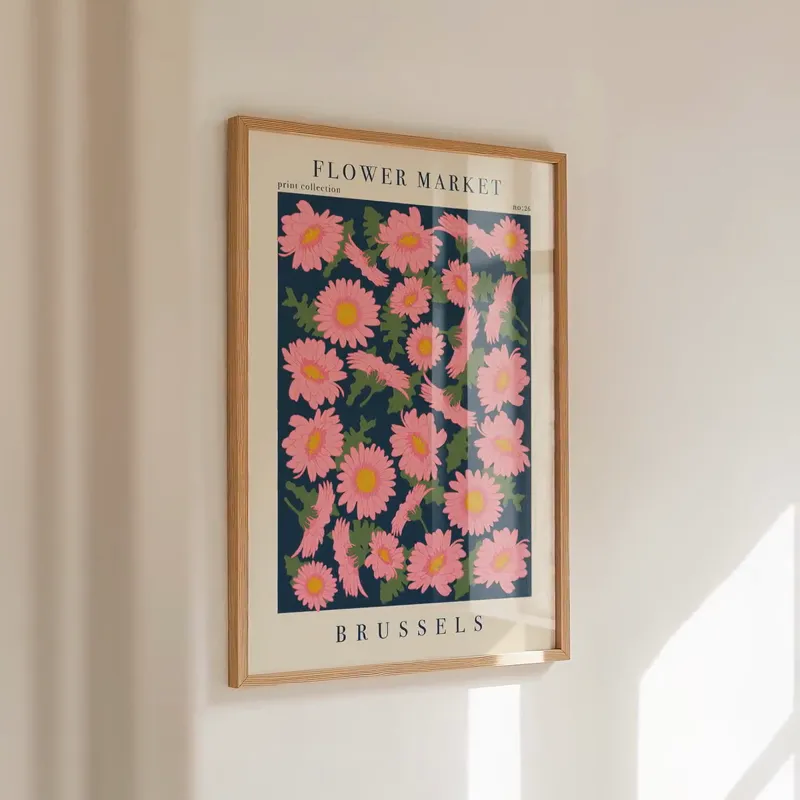 Brussels Flower Market Print: Pink daisy-like flowers with yellow centres on deep navy, framed