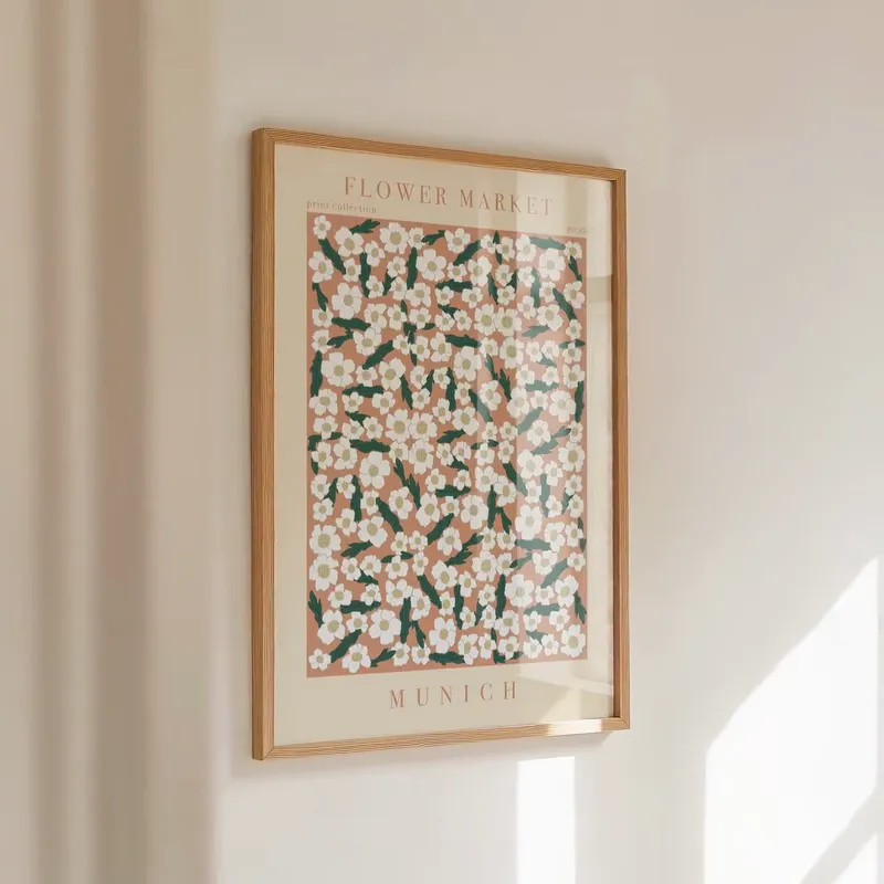 Munich Flower Market Print: White blossoms with dark leaves on terracotta, framed