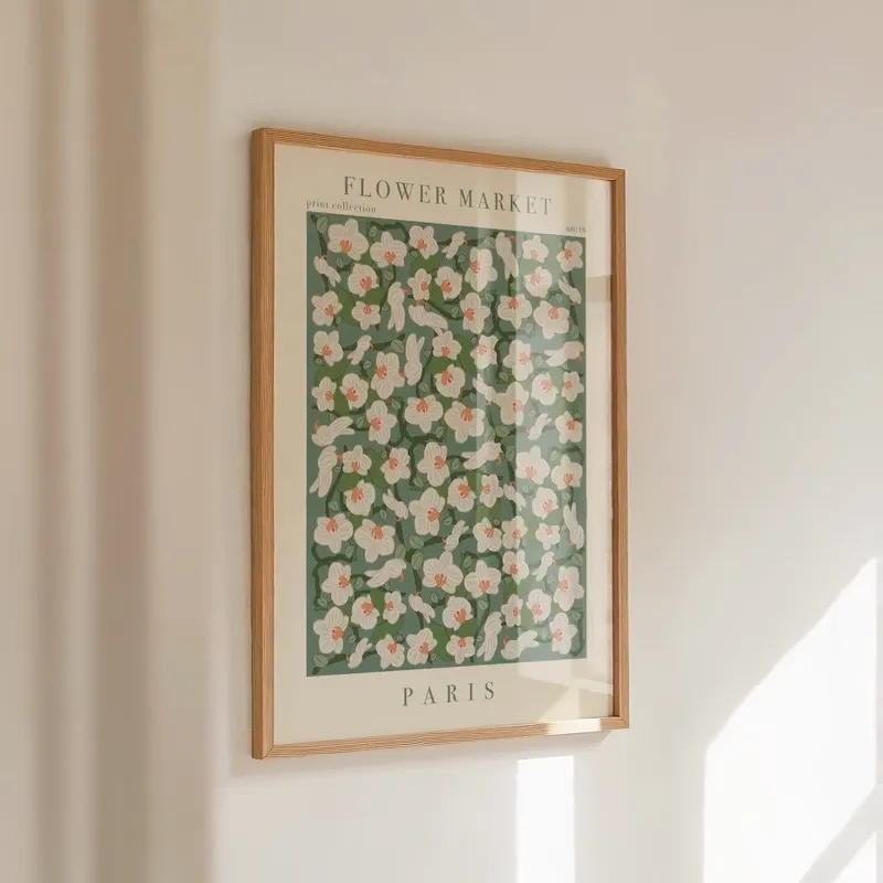 Paris Flower Market Print: Cream blossoms scattered over a sage-green ground, framed