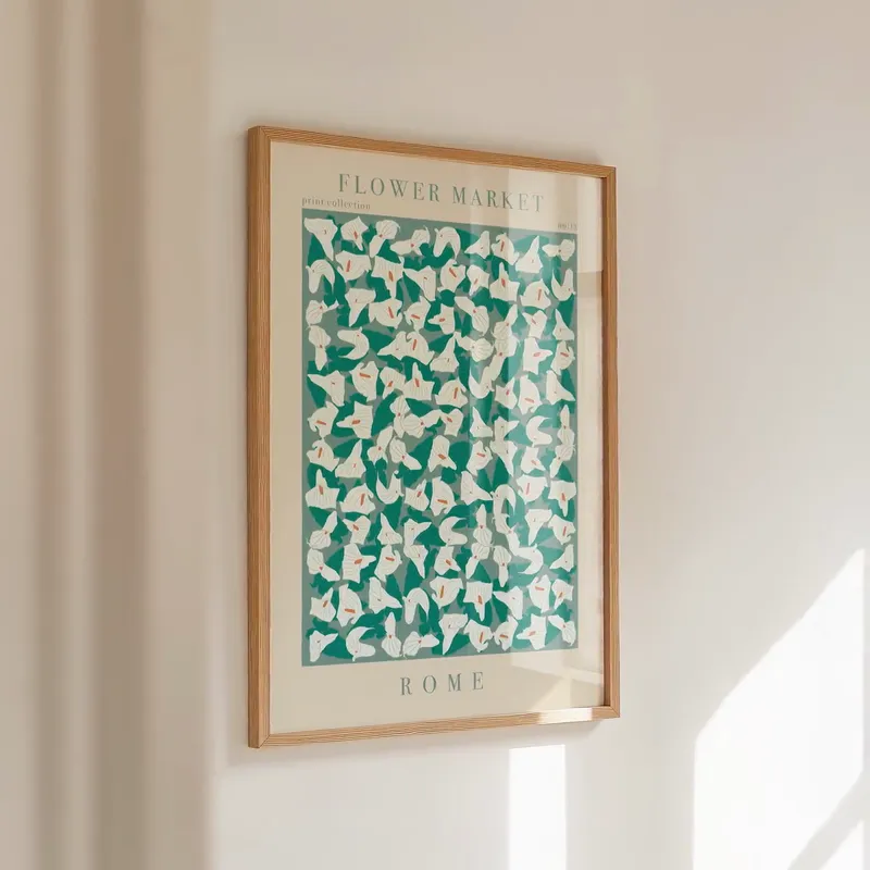 Rome Flower Market Print: White lily-like flowers and leaves on rich teal, framed