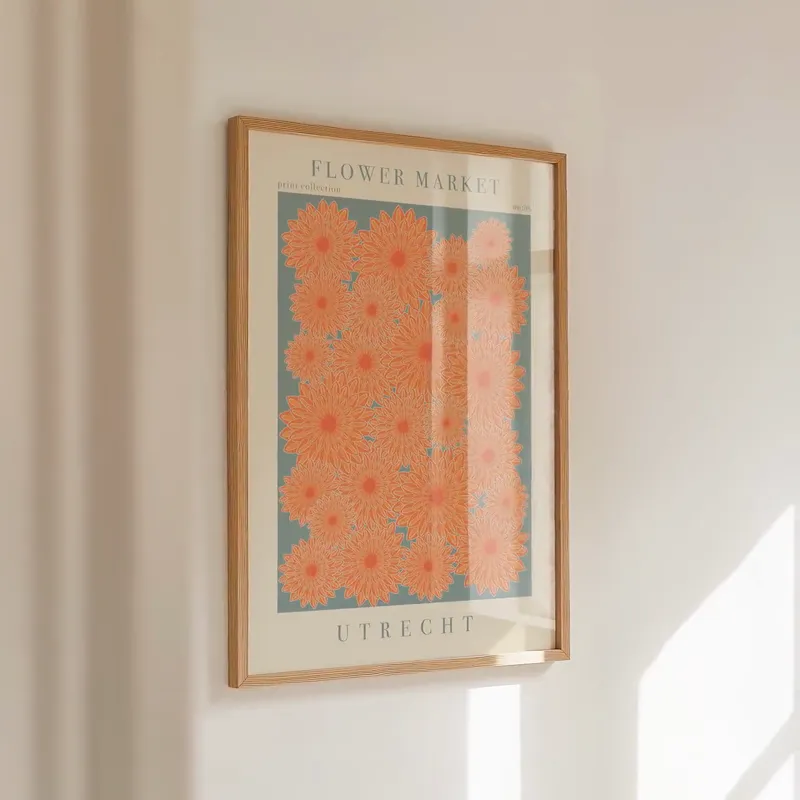 Utrecht Flower Market Print: Large peach-orange blooms on soft grey-blue, framed